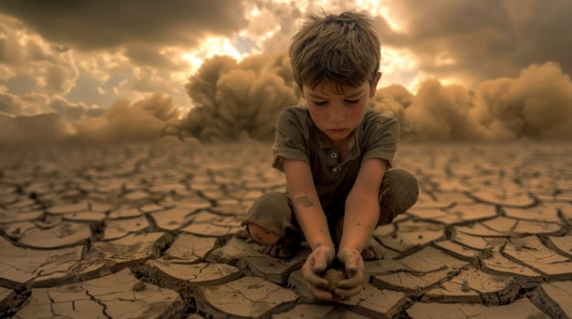 Child is kneeling on cracked earth, playing with clay in his hands. The background shows the dry land of an arid area. Climate change and global environmental issues. photo