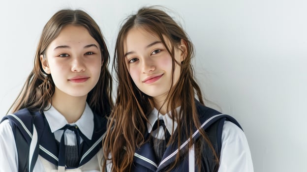 Two girls wearing school uniforms and smiling at the camera photo