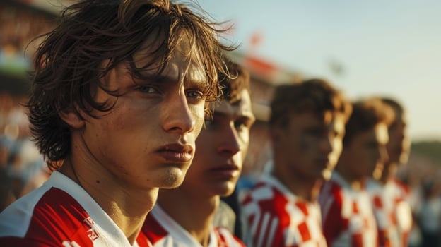 Team of young footballers in red and white uniforms observing a match at the stadium photo