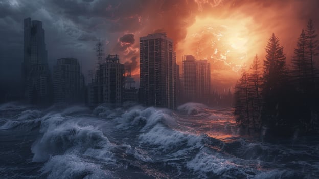 Giant wave destroying a city in a concept of natural disaster photo