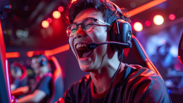 Young professional gamer shouts in excitement during a gaming competition photo