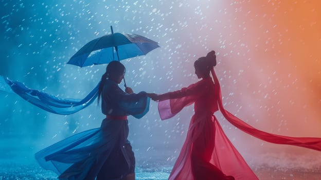 Two dancers in traditional chinese attire performing a dance in the rain with blue and red lighting photo