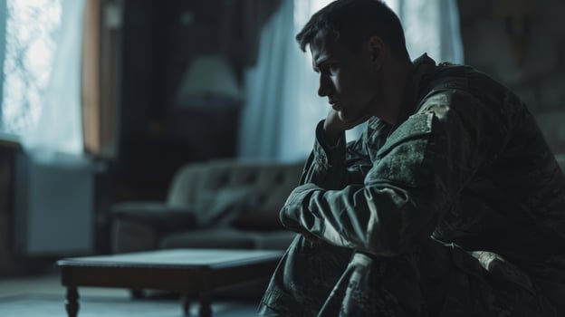 Soldier sits alone on a bed, deep in thought, in full uniform photo