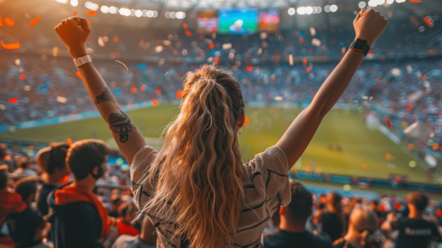 Young woman raising her arms in joy at a soccer match, amidst a cheering crowd of fans photo