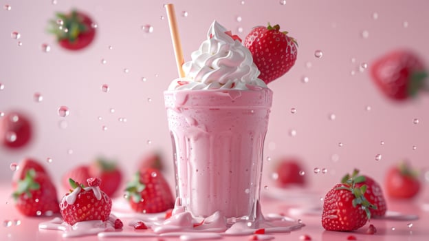 Scenic pink strawberry milkshake with falling strawberries and water droplets on a pink backdrop creates a delightful image photo