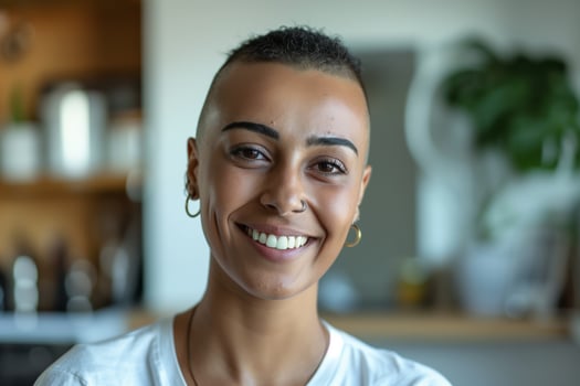 Non Binary Person Smiling In Kitchen photo