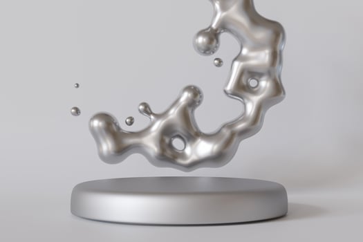 Metallic podium with liquid metal splash on gray background. Mock up for product, cosmetic presentation. Y2k, 2000s style. Pedestal or platform. Empty scene. Stage, display, showcase. Copy space. 3D. photo
