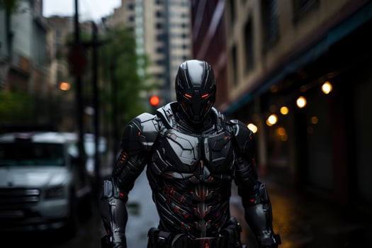 futuristic police robot guarding the streets. AI-generated photo