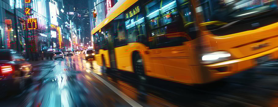 Detailed close-up of a speeding yellow bus, motion blur capturing the swiftness, navigating down crowded city streets, digital CG 3D rendering photo