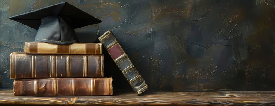 High-angle shot of antique academic books with leather bindings and a classic graduation cap photo
