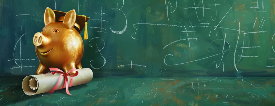 Elegant gold piggy bank, sleek graduation cap, rolled diploma with ribbon, seen from a tilted angle, lifelike oil painting style, set against a green chalkboard background with faint chalk diagrams photo