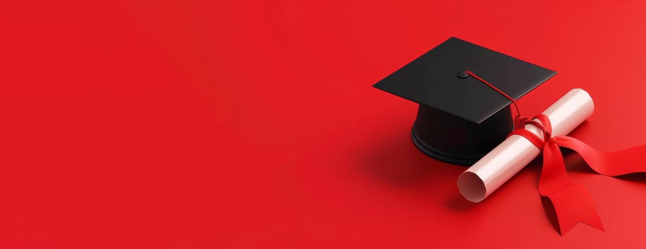 Long view of an academic cap and a diploma with elegant ribbon, centered on a bright red background, generous copyspace, CG 3D design, ultra-realistic lighting and shadows, meticulous detailing photo