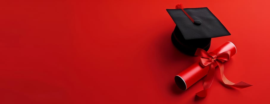 Long shot of a traditional black academic hat and rolled diploma with a red ribbon photo