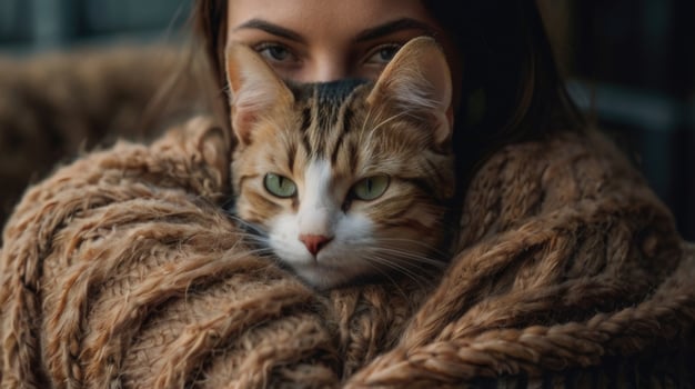 a woman is holding a cat in her arms photo