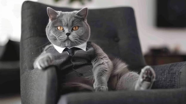 Humorous portrait of grey cat sitting in armchair photo
