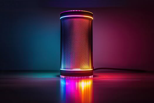 A music speaker with colored lighting stands on the floor in the dark. Generated by artificial intelligence photo