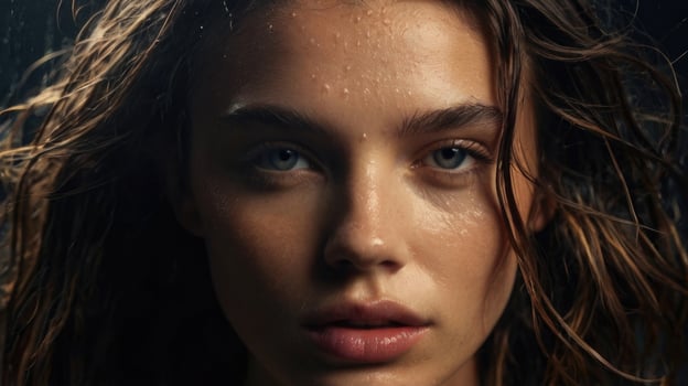 a woman with wet hair and a face covered in water photo