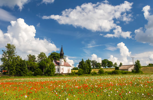 summer rural landscape with poppy field and church, Chapel of St. Anthony at Vojnuv Mestec, Czech republic photo