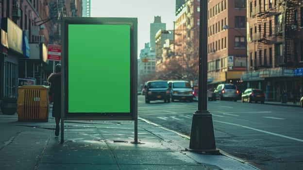 A green billboard is standing in the middle of a city street photo