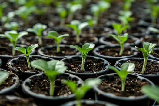 Closeup green seedling sprouting from the earth, symbolizing growth and organic agriculture, emphasizing eco friendly and healthy food practices. photo
