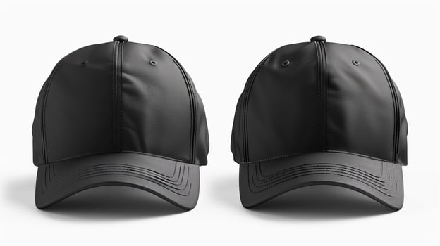 Two black baseball caps with leather brims on front and back photo