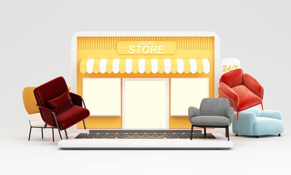 flying furniture Online shopping. furniture store interior decoration projects, buying sofas, tables via the internet, e-commerce, delivery to home from store. Banner with copy space. 3D Illustration photo