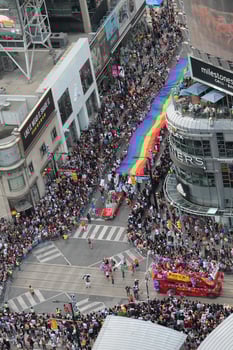 Toronto, Canada - June 25, 2017 - Aerial View of Pride Parade at Yonge-Dundas Square photo