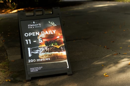 Vancouver, Canada - September 10, 2019 A small signboard in Stanley Park saying About famous restaurant in Vancouver - Stanley's Bar and grill photo