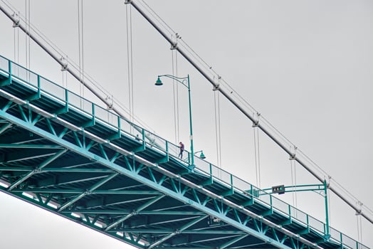 Vancouver, Canada - September 15, 2019 - Incident Lions Gate Bridge, man is trying to jump from the Bridge, emergency situation photo