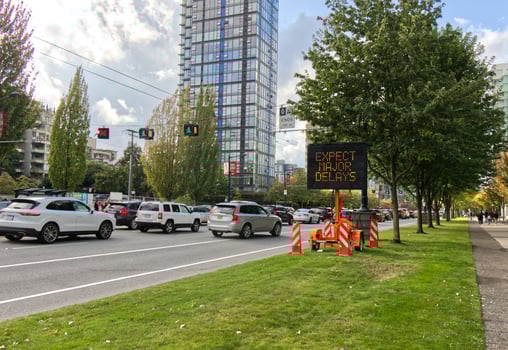 Vancouver, Canada - September 15, 2019 - Incident Lions Gate Bridge sign, major traffic jam on West Georgia Street because of incident photo