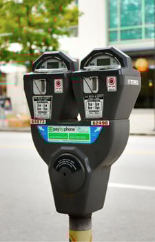Vancouver, Canada - September 13, 2019 - Parking meter on West Pender Street in Vancouver. Pay by phone available. photo