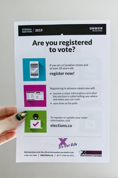 Vancouver, Canada - September 18, 2019 - A Woman is holding election Flyer Are you registered to vote photo