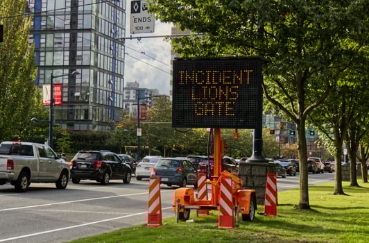 Vancouver, Canada - September 15, 2019 - Incident Lions Gate Bridge sign, major traffic jam on West Georgia Street because of incident photo