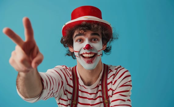 Happy Clown Wearing Striped Shirt and Hat Against Blue Background photo