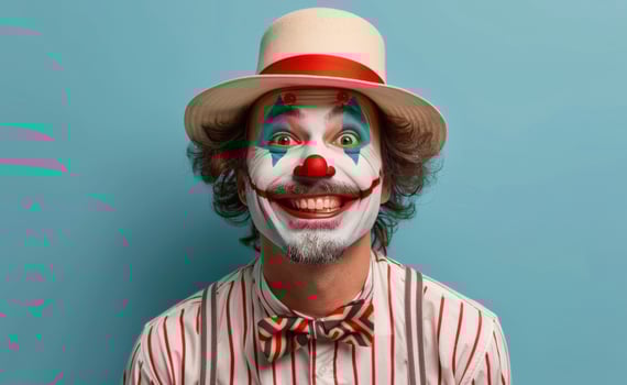 Happy Clown Wearing Striped Shirt and Hat Against Blue Background photo