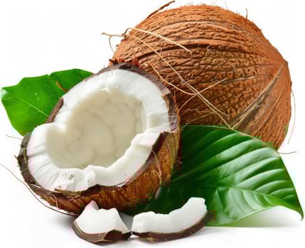 Freshly Opened Coconut With Palm Leaf on White Background photo