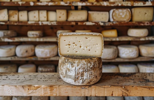 Two Stacked Wheels of Cheese in a Rustic Cheese Shop photo