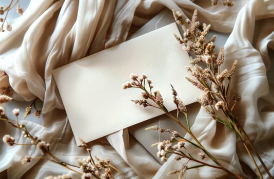 Blank White Envelope on Knit Fabric With Dried Flowers photo