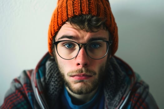 A clueless and stupid looking person looking into the camera. AI generate photo