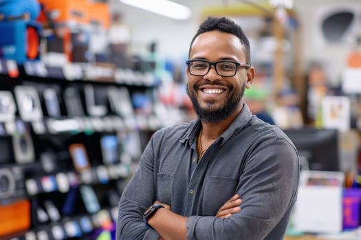 A friendly salesperson in an electronics store. AI generate photo