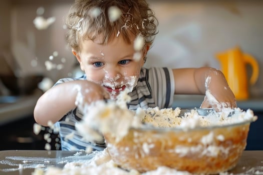 A kid makes a mess in the kitchen while making a cake. AI generate photo