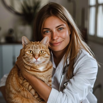 Smiling veterinarian holding an orange tabby cat in a clinic setting, showcasing the bond between pets and their caregivers. photo