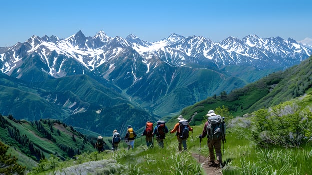 A group hiking in the mountains, adventurous photo