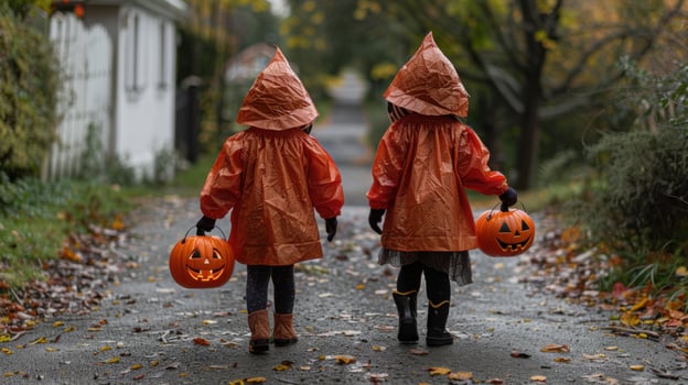 Two children wearing orange hooded costumes carrying pumpkin buckets, walking down a suburban street on Halloween. photo