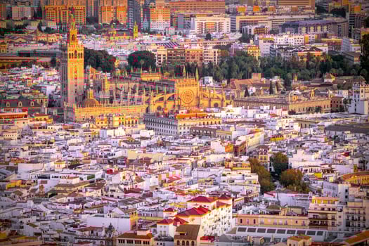 Aerial view of Seville downtown, with the Giralda tower, the Cathedral and the Archivo de Indias building, among other landmarks, Spain. photo