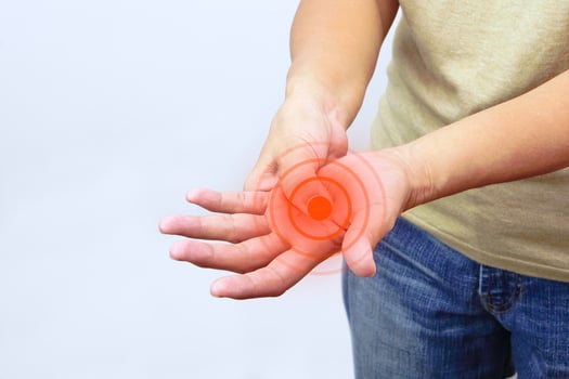Hand of a woman suffering from palm pain on white background. Healthcare and office syndrome concept. photo