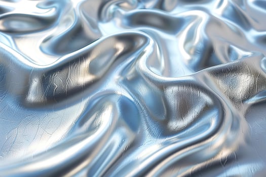 Close-up of smooth, shimmering silver fabric with intricate folds and waves creating an elegant and luxurious texture. photo