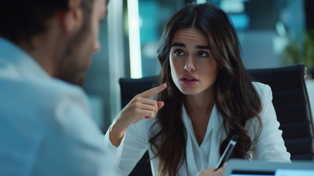 Business meeting concept. Female employee explaining her ideas to her friends at the meeting. Female employee brainstorming with friends. Employee who shares her ideas with her friends. photo