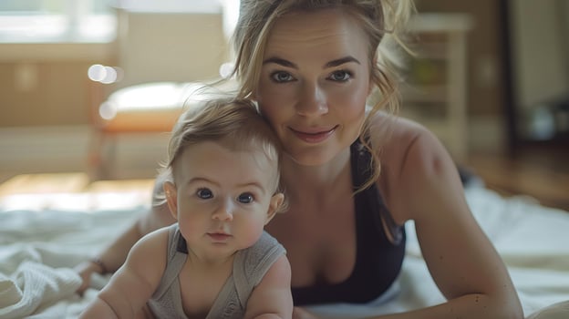 A mother and her baby lying on the floor smiling at the camera, in a cozy home environment with natural lighting. photo