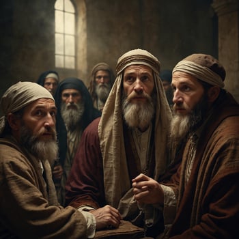 A group of men dressed in traditional ancient Middle Eastern attire, featuring long robes and head coverings. The scene is set in a dimly lit room with a window that allows some light to enter photo